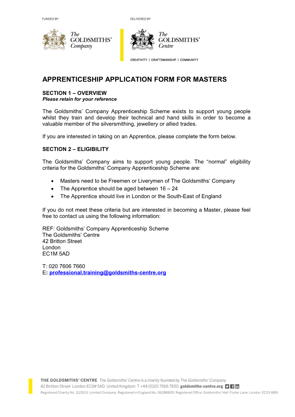 Apprenticeship Application Form for Masters