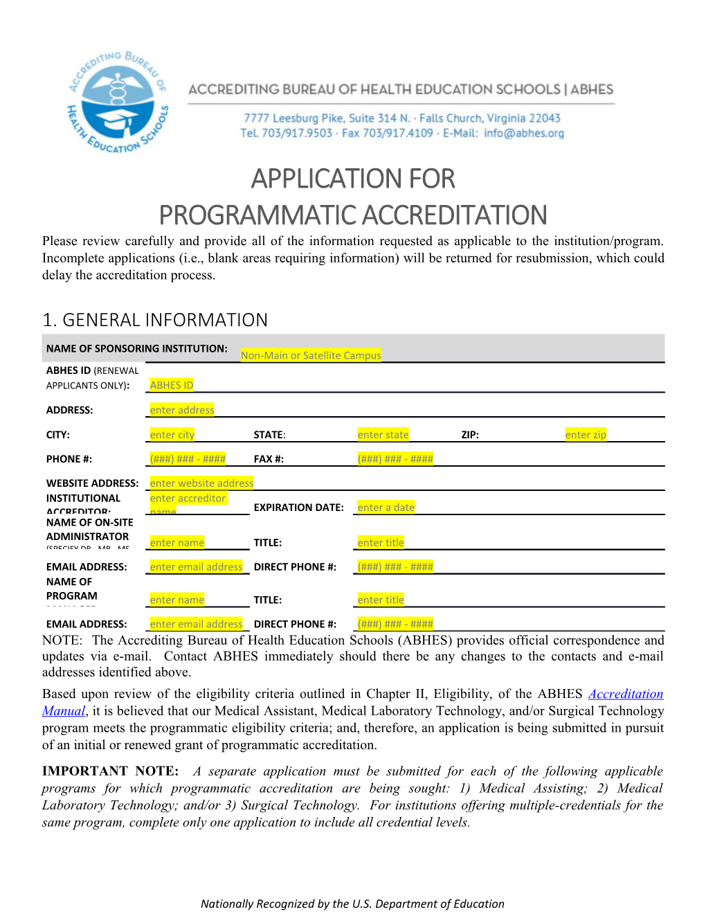 Application for Programmatic Accreditation
