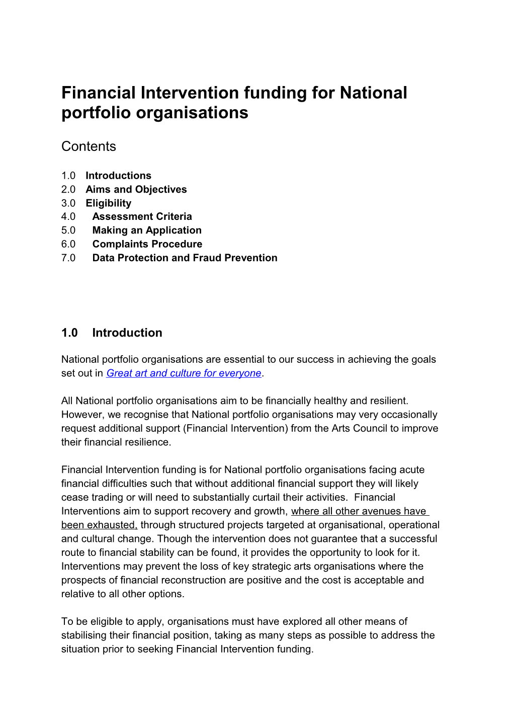 Financial Intervention Fundingfor National Portfolio Organisations