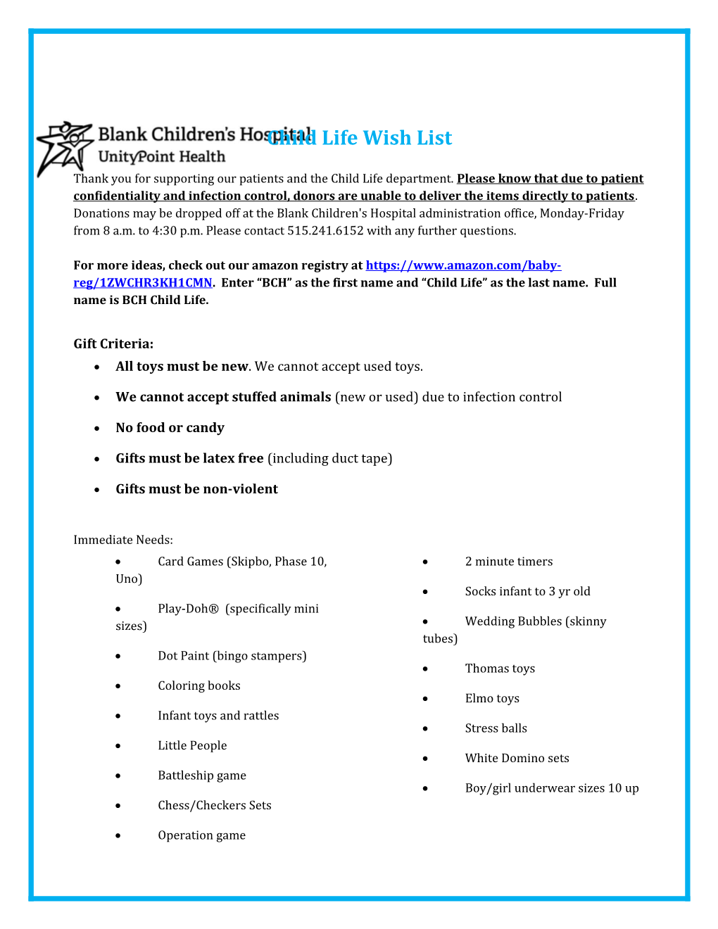 Child Life Wish List
