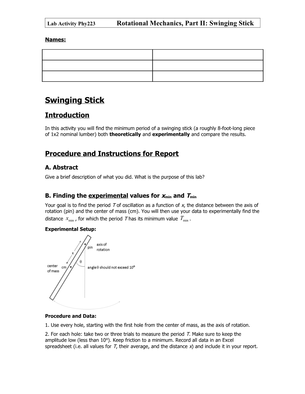 Lab Activity Phy223 Rotational Mechanics, Part II: Swinging Stick