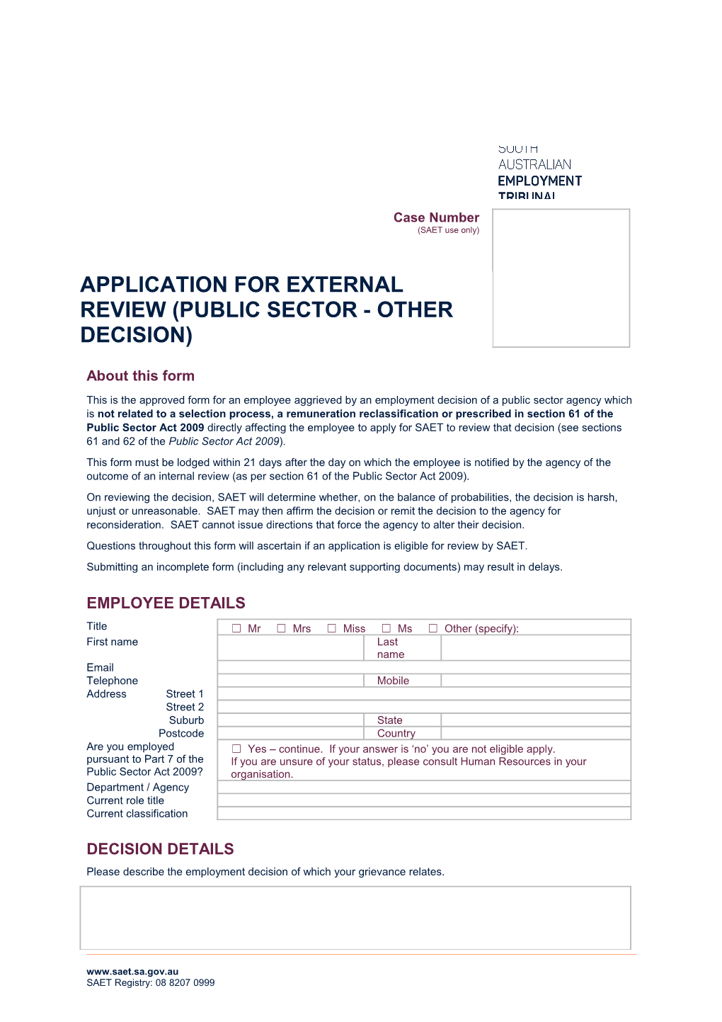 Application for External Review (Public Sector - Other Decision)