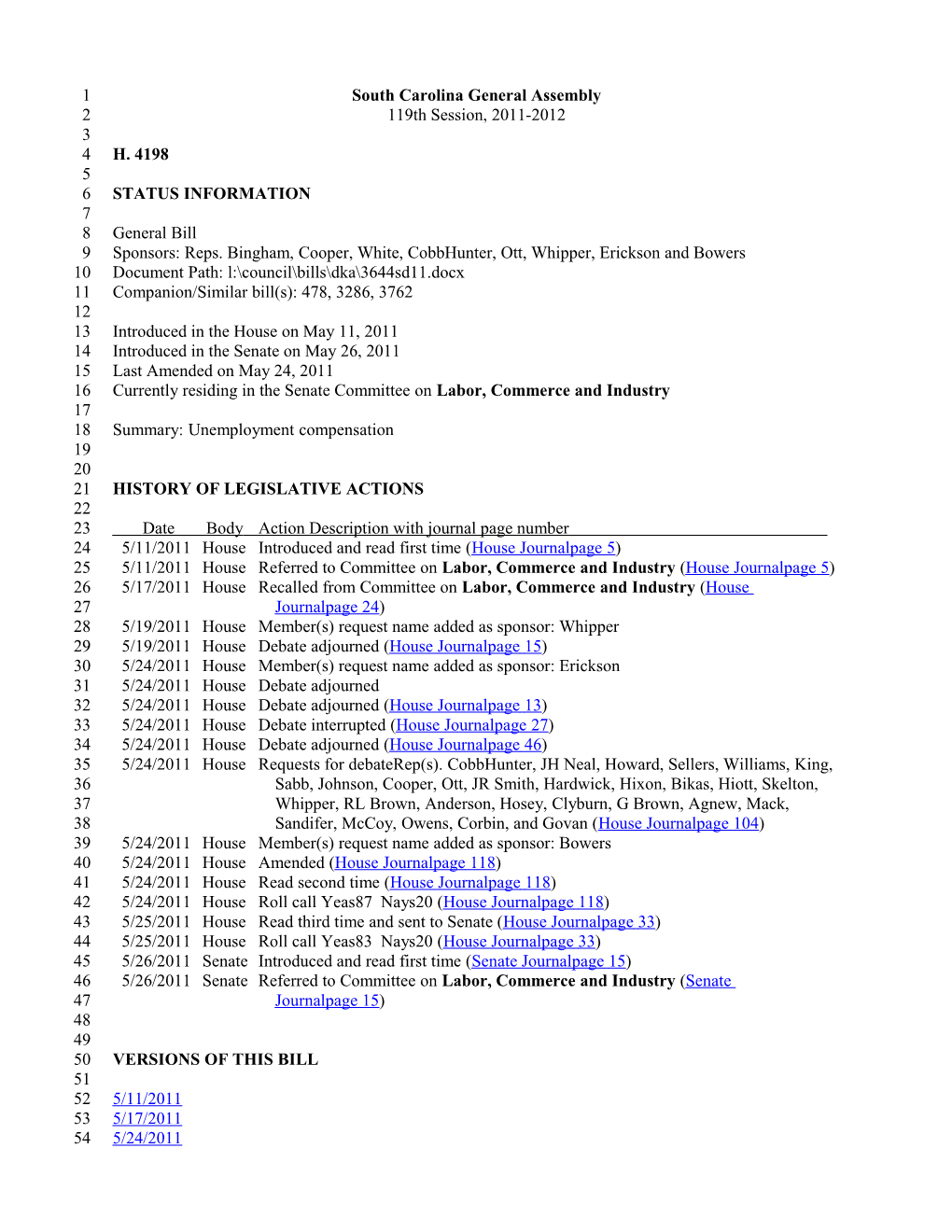 2011-2012 Bill 4198: Unemployment Compensation - South Carolina Legislature Online