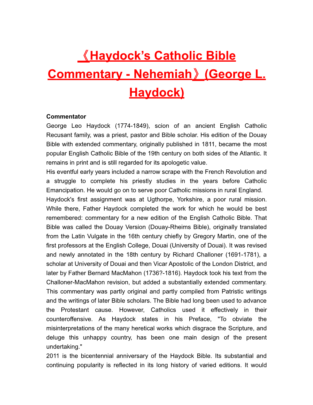 Haydock Scatholic Bible Commentary-Nehemiah (George L. Haydock)