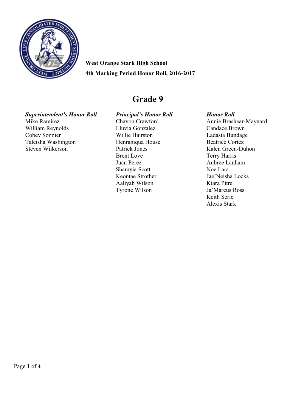 1St 6-Weeks Honor Roll