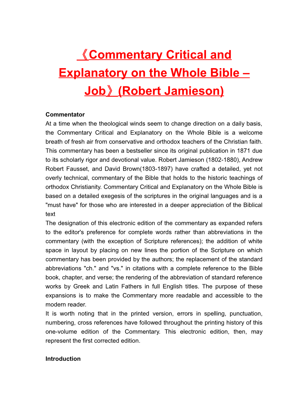 Commentary Critical and Explanatory on the Whole Bible Job (Robert Jamieson)
