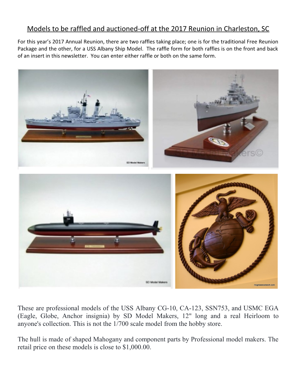 Models to Be Raffled and Auctioned-Off at the 2017 Reunion in Charleston, SC