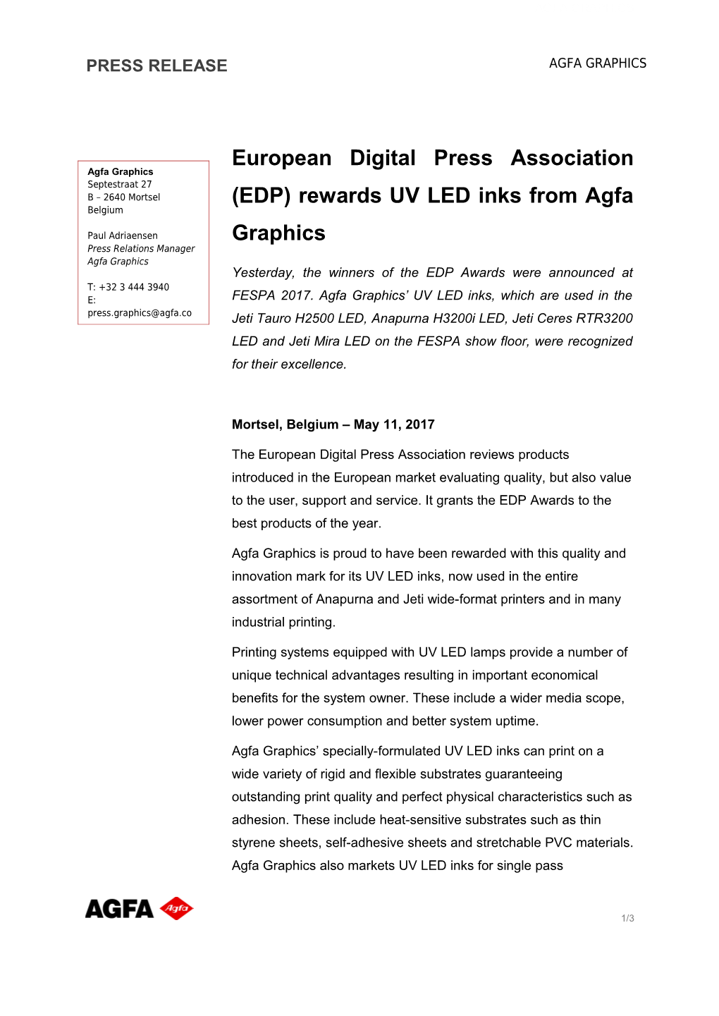 European Digital Press Association (EDP) Rewards UV LED Inks from Agfa Graphics