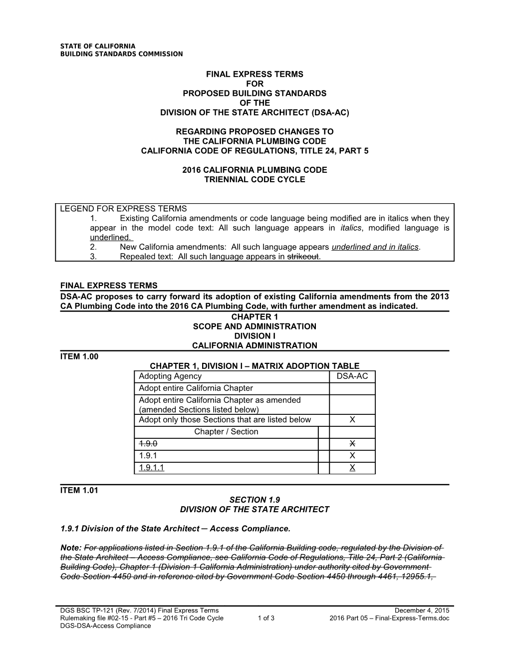 Final Express Terms for Proposed Building Standards of the Division of the State Architect