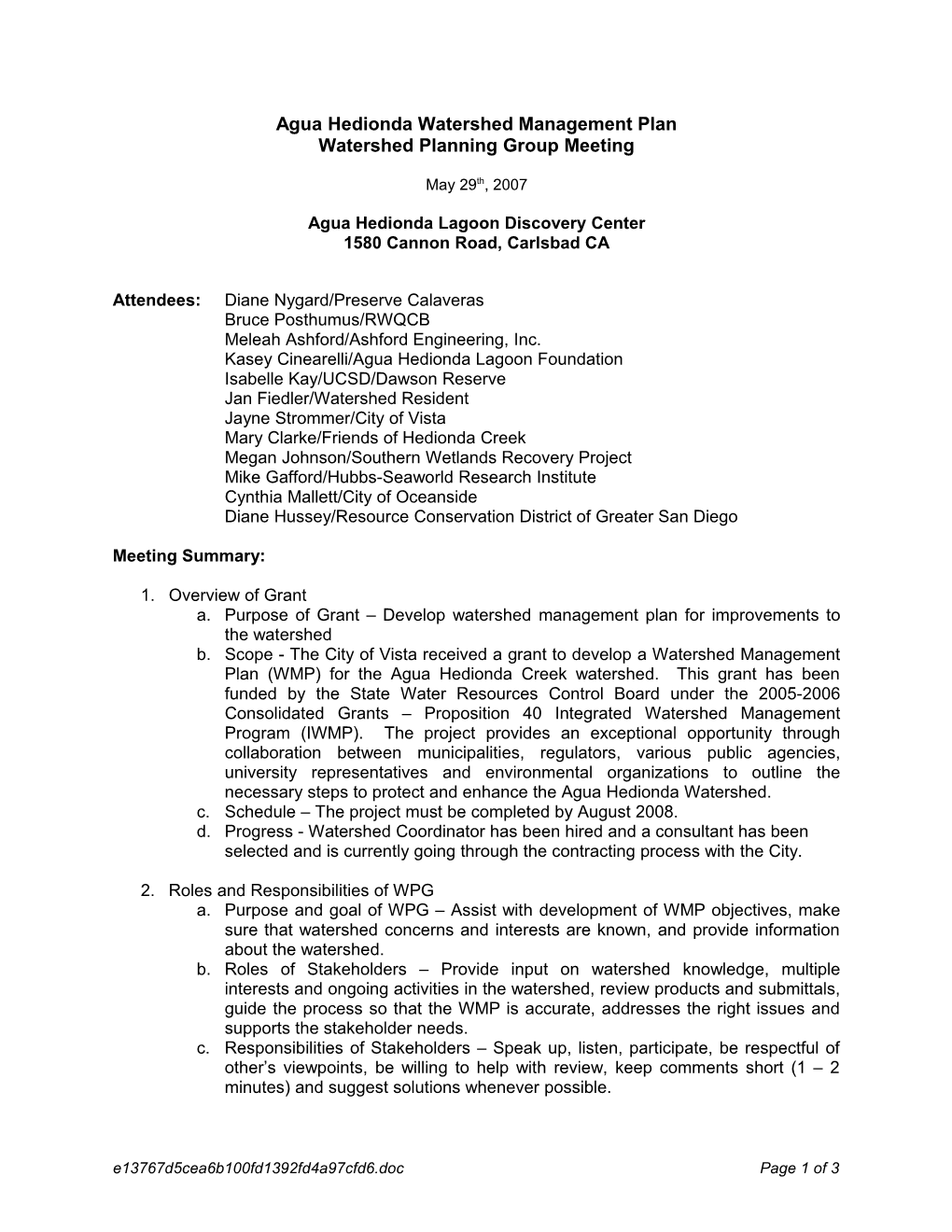 Agua Hedionda Watershed Management Plan