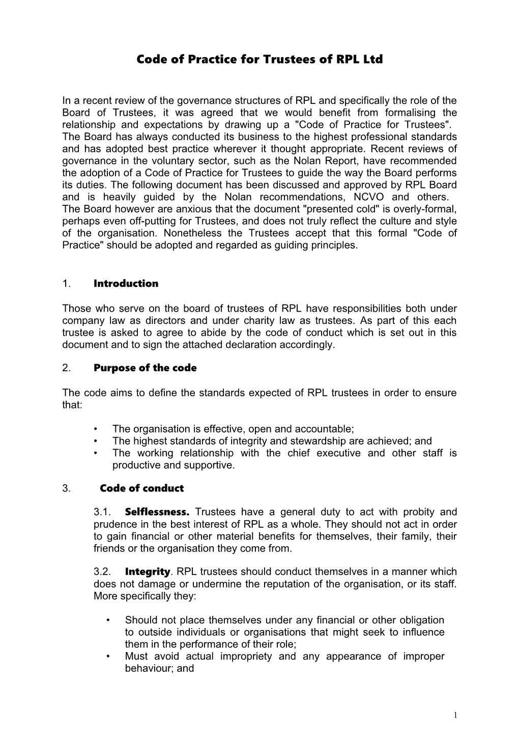 Code of Practice for Trustees of Sustrans Ltd