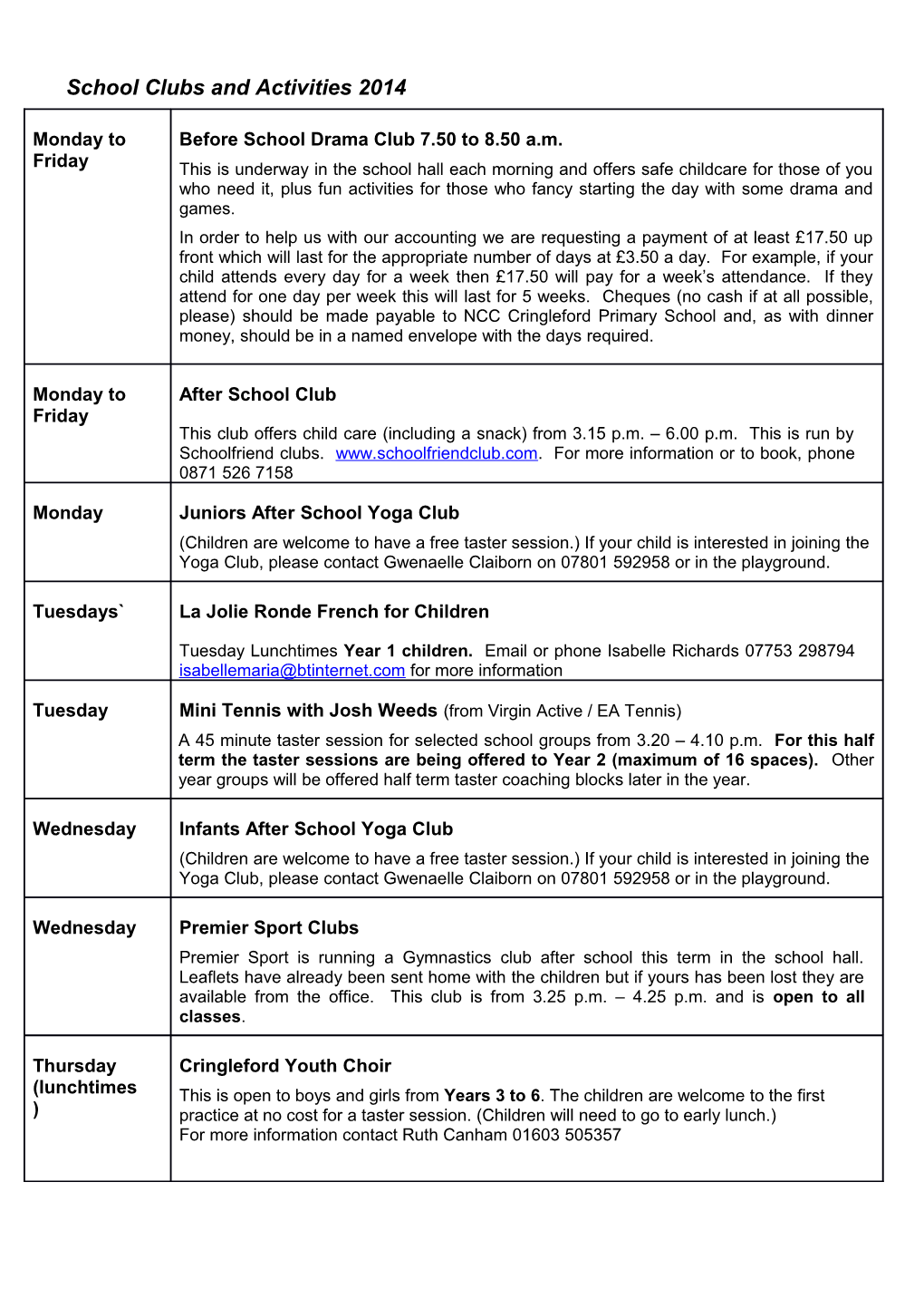 School Clubs and Activities 2014