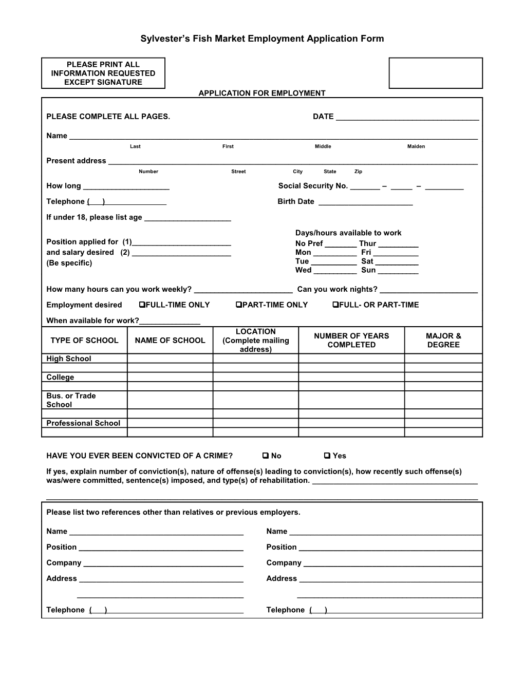 Sylvester S Fish Market Employment Application Form