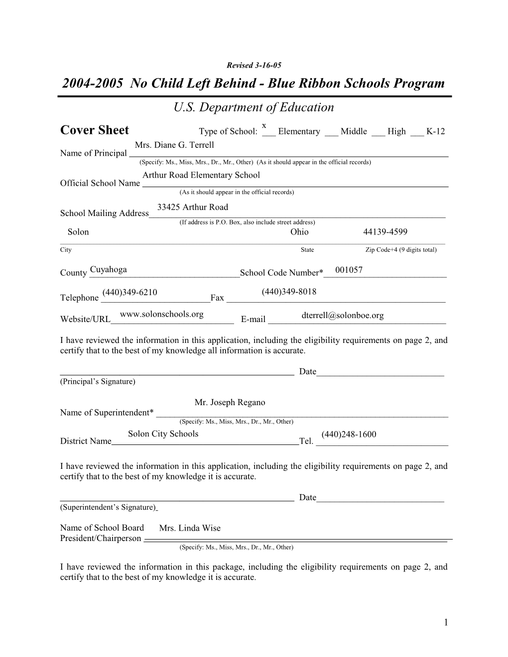 Arthur Road Elementary School Application: 2004-2005, No Child Left Behind - Blue Ribbon