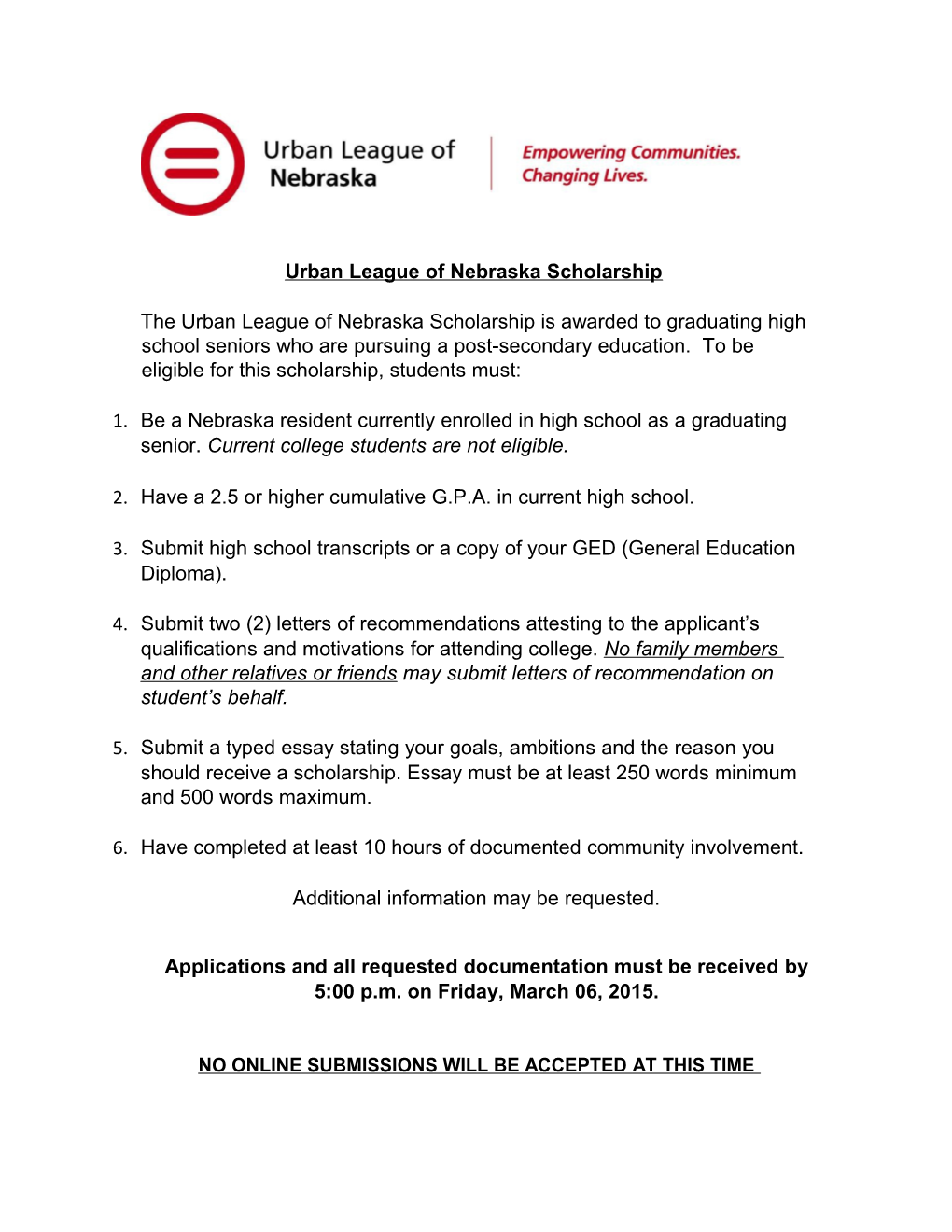 Urban League of Nebraska Scholarship