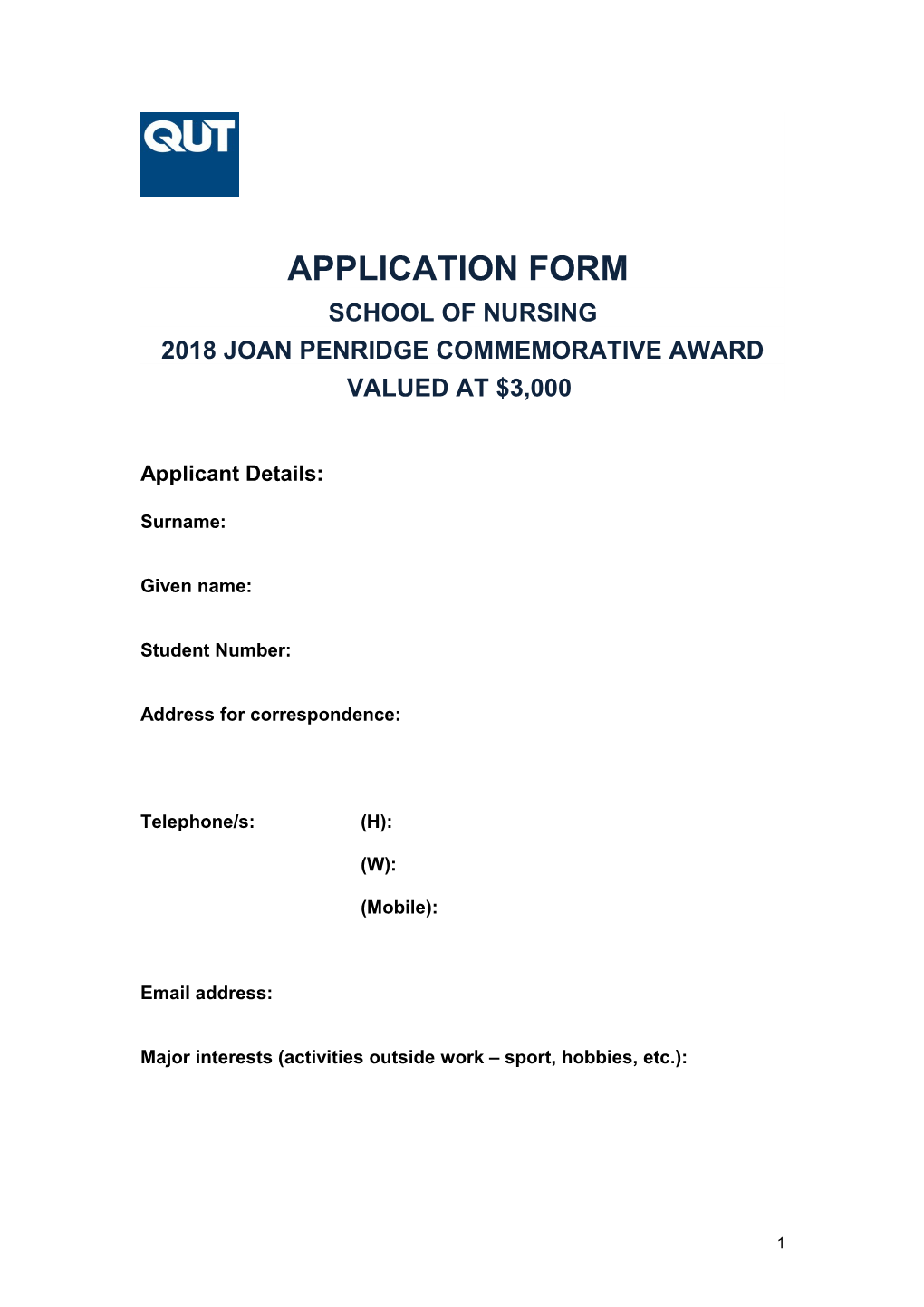 Joan Penridge Commemorative Award Application Form