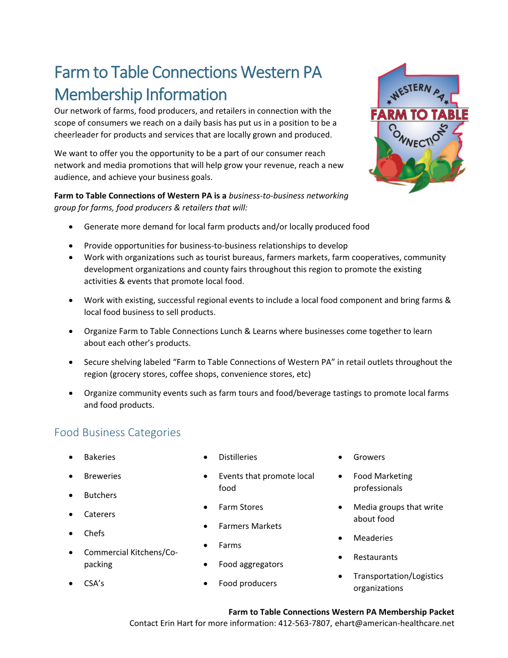 Farm to Table Connections Western PA Membership Information