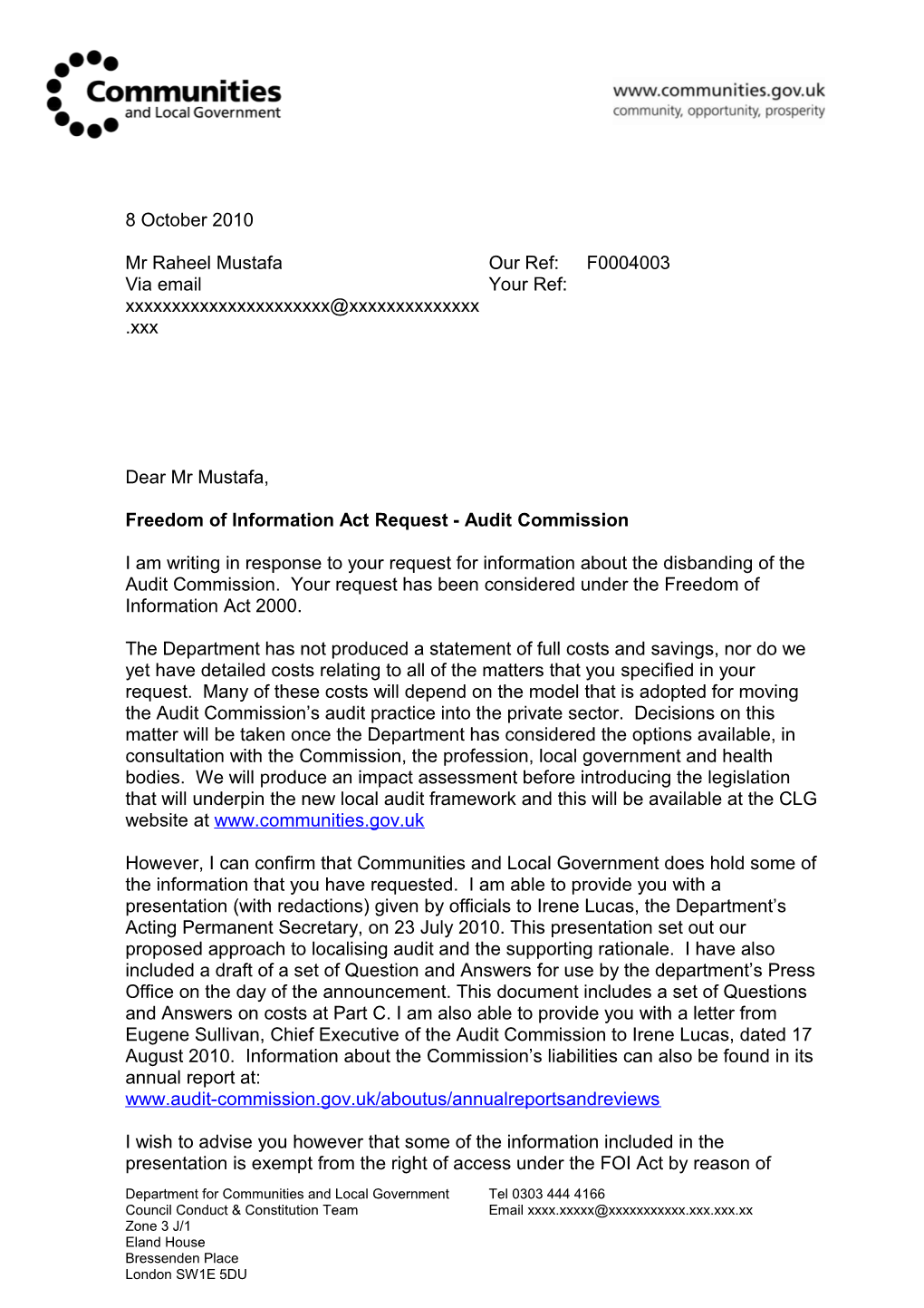 Freedom of Information Act Request - Audit Commission
