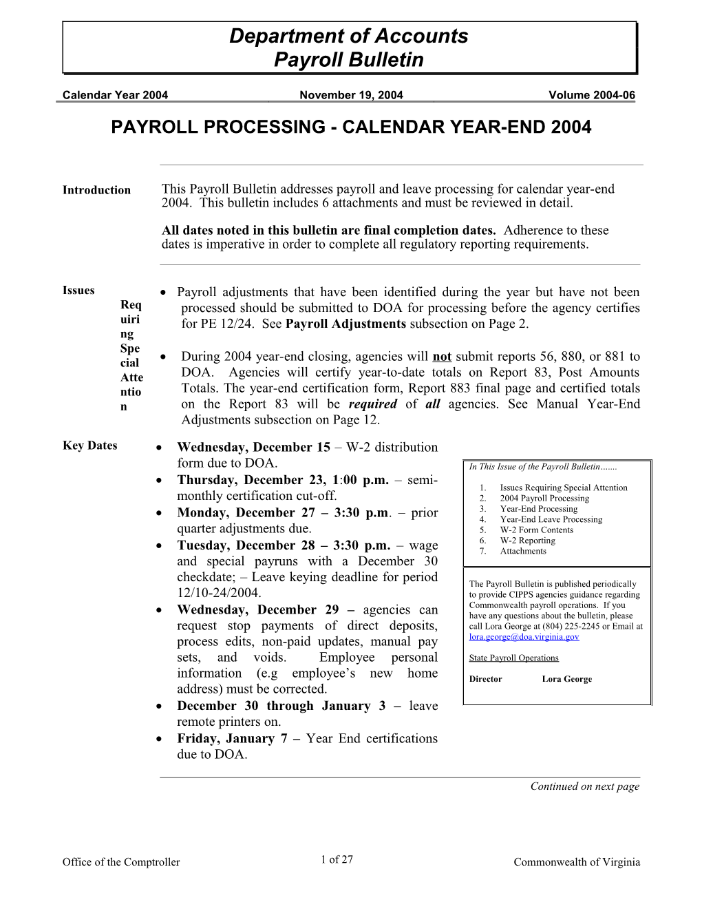 Payroll Bulletin, Volume 2004-06