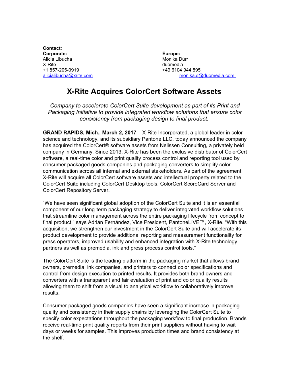 X-Rite Acquires Colorcert Software Assets