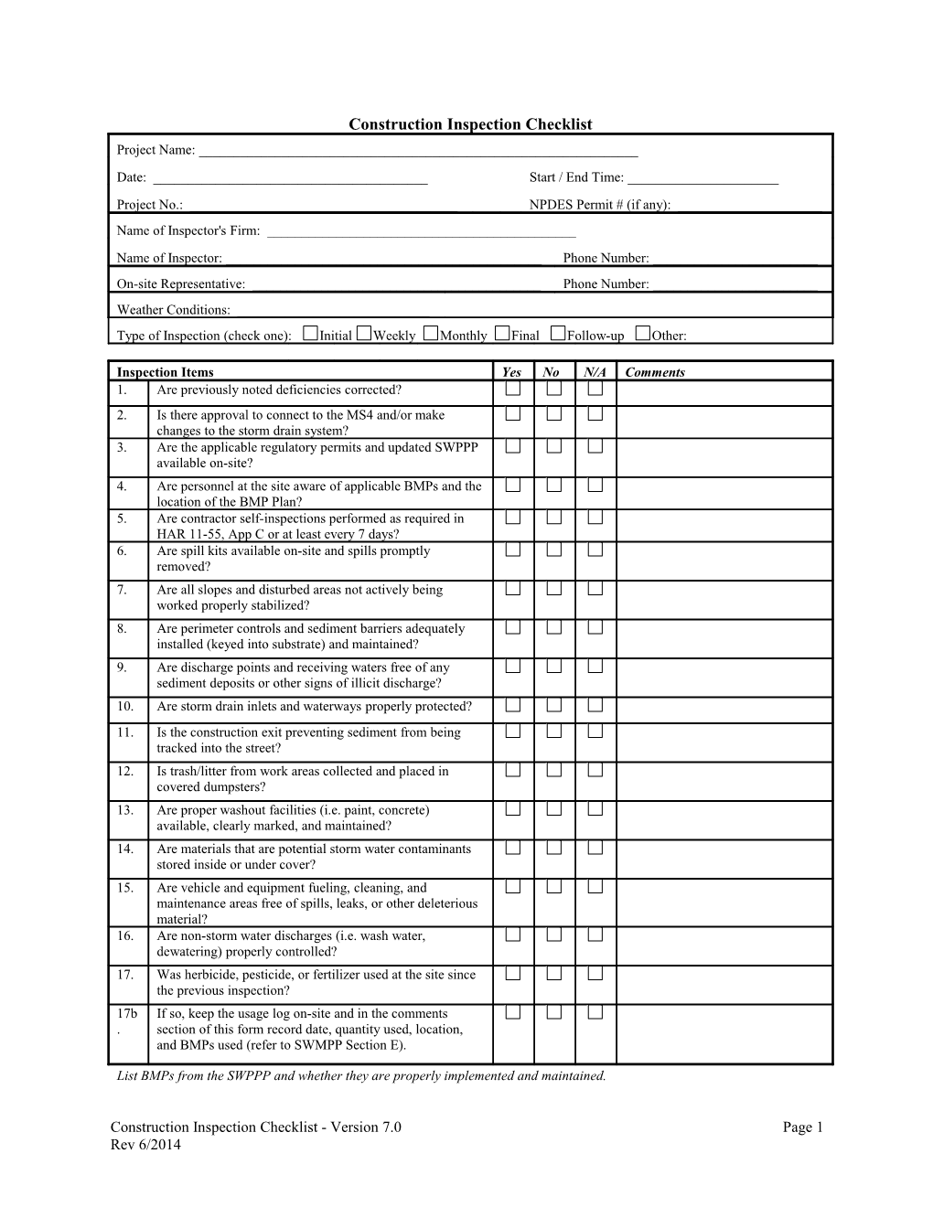 Construction Inspection Checklist - Version 7.0Page 1