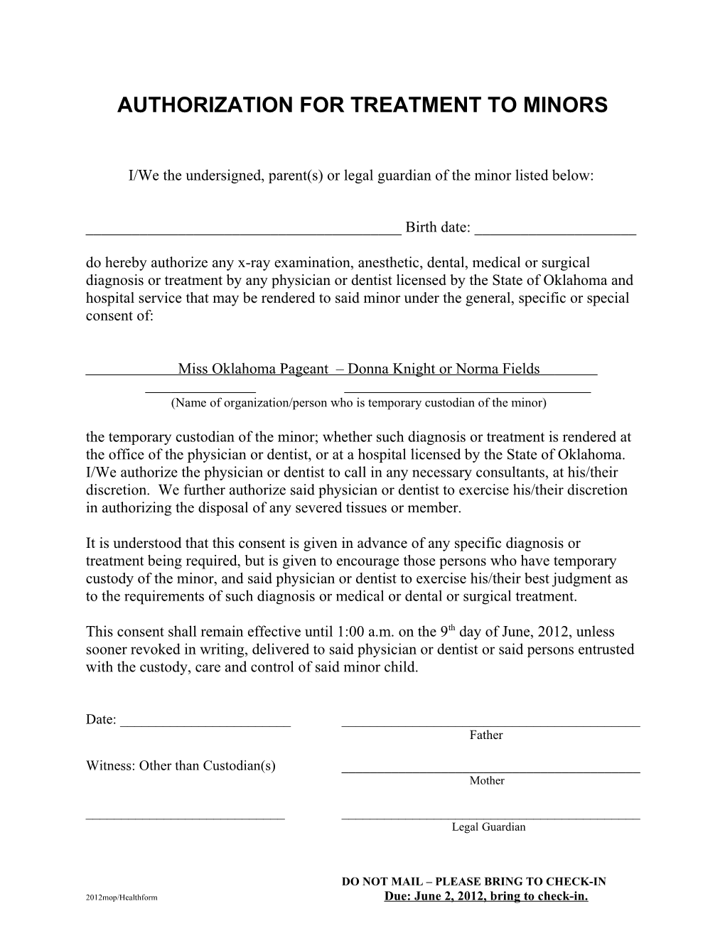 Authorization for Treatment to Minors