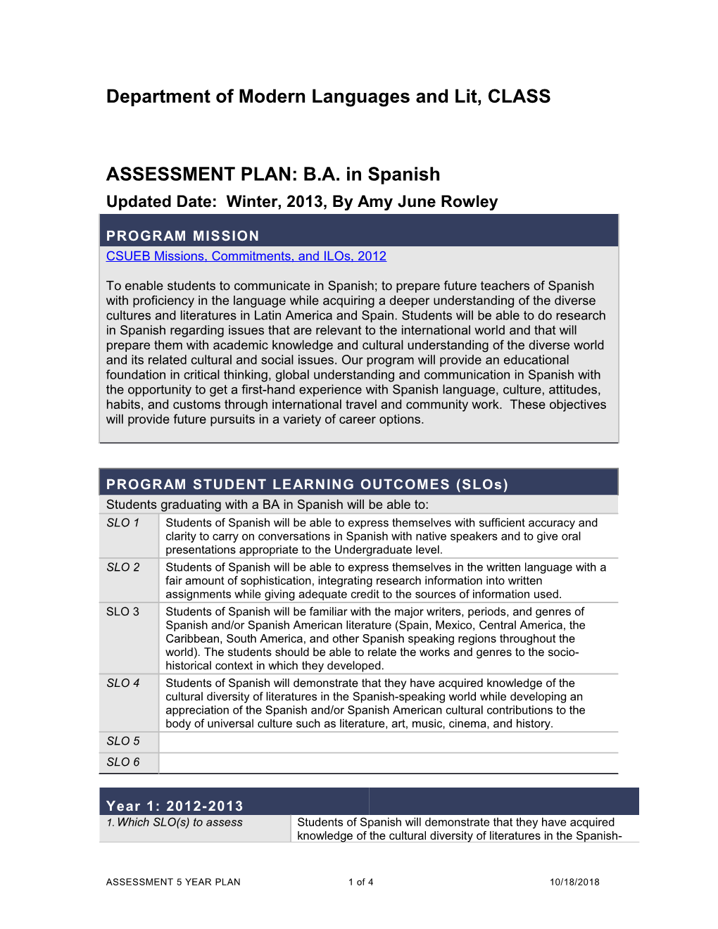 ASSESSMENT PLAN: B.A. in Spanish