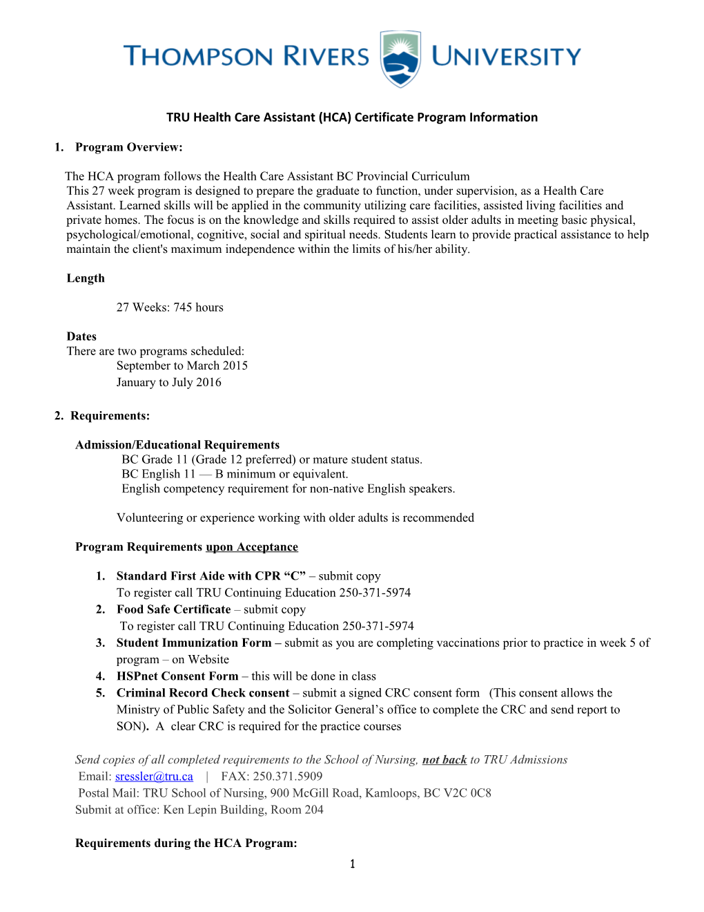 TRU Health Care Assistant (HCA) Certificate Program Information