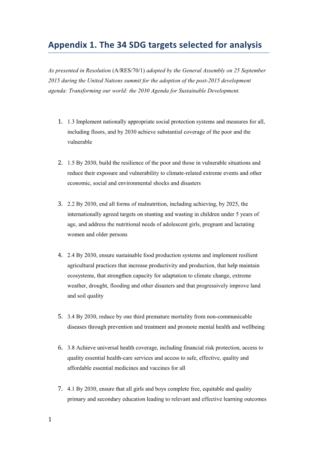 Appendix 1. the 34 SDG Targets Selected for Analysis