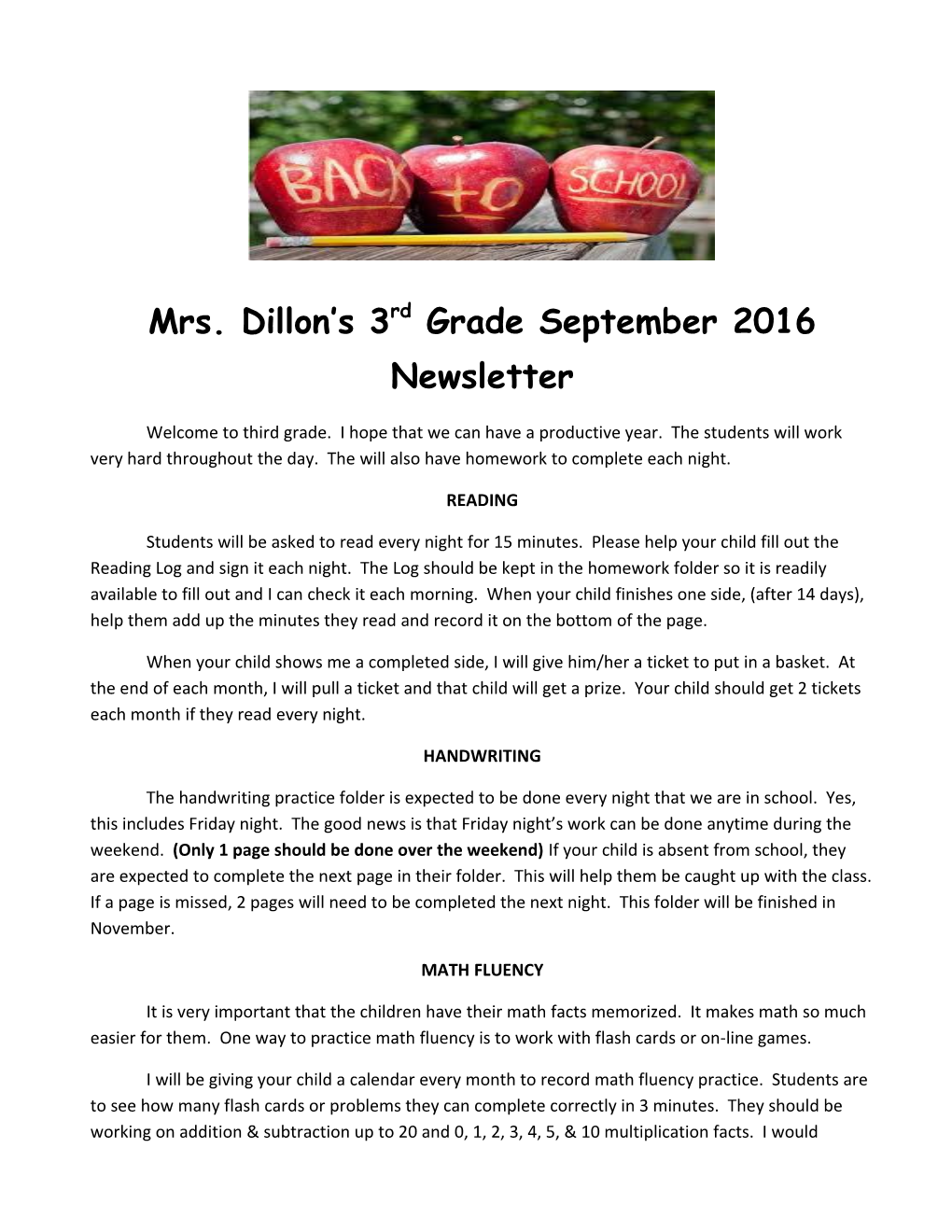 Mrs. Dillon S 3Rd Grade September 2016 Newsletter