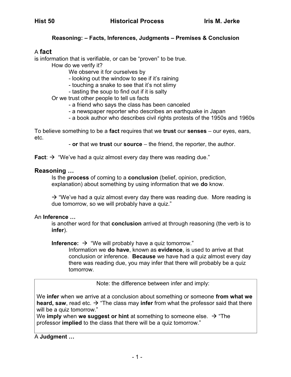 Reasoning: Facts, Inferences, Judgments Premises & Conclusion