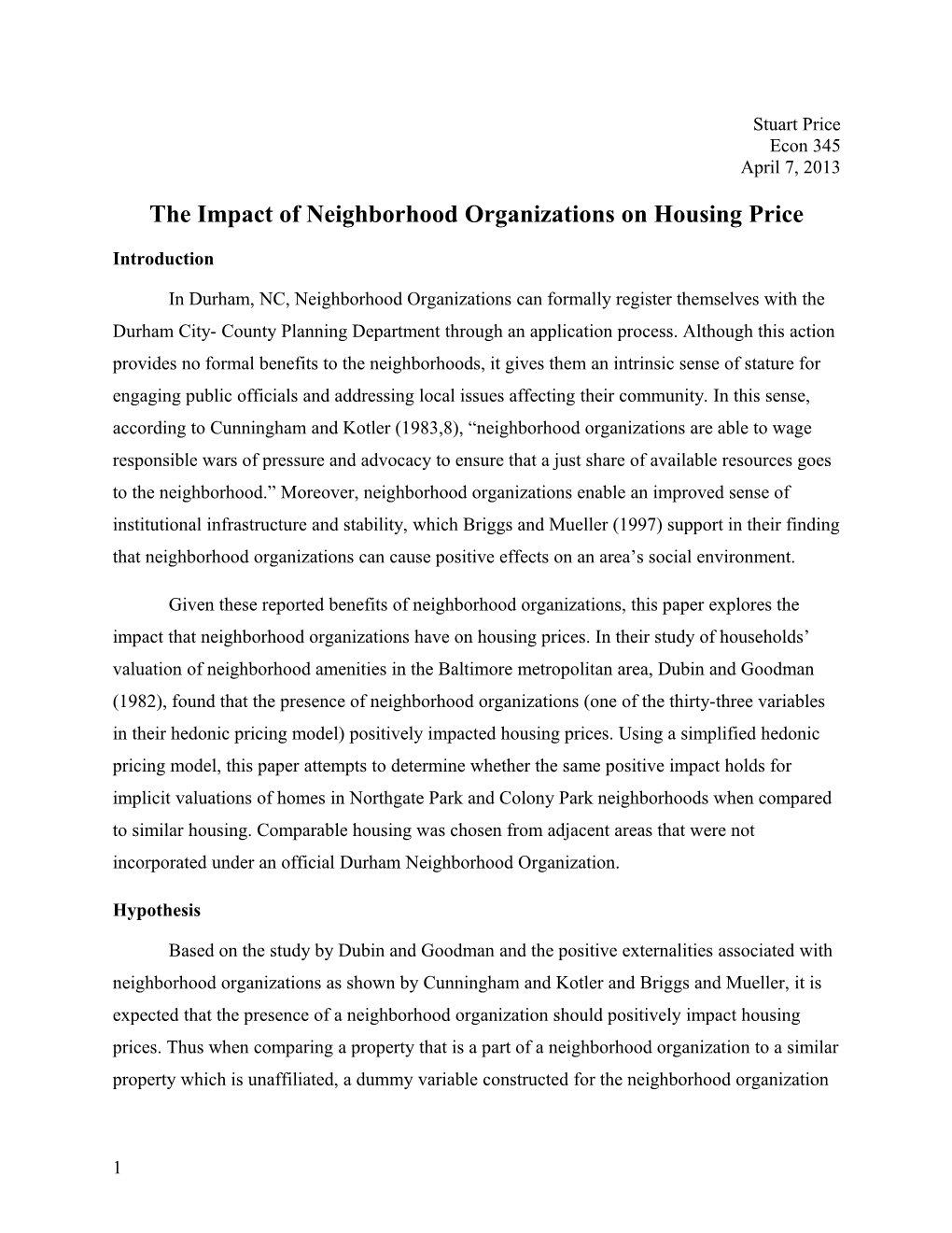 The Impact of Neighborhood Organizations on Housing Price