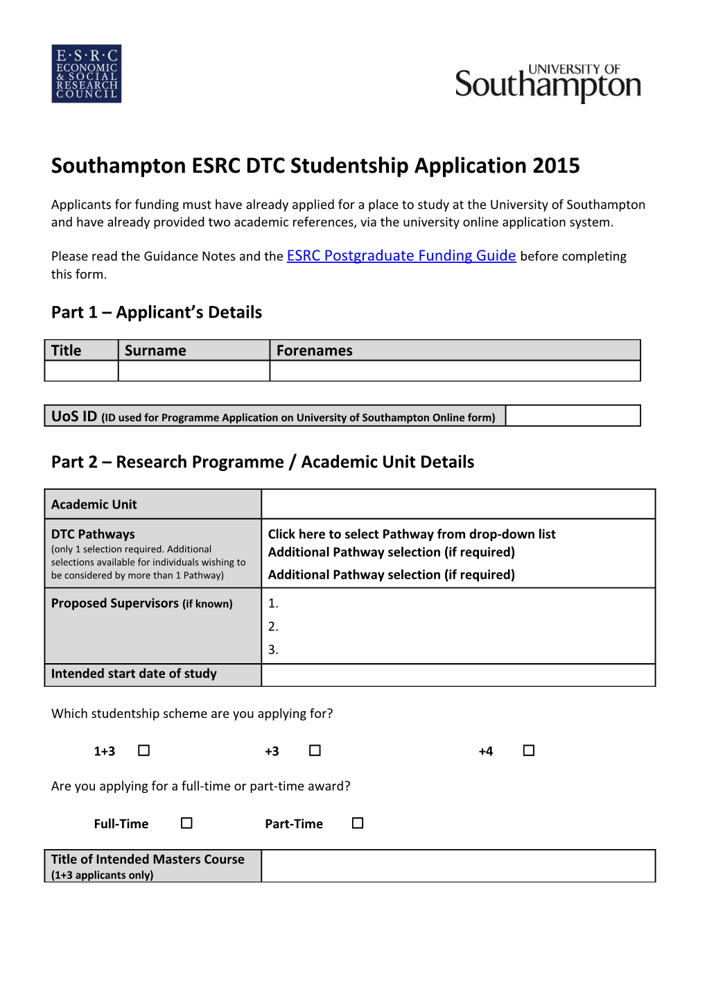 Southampton ESRC DTC Studentship Application 2015