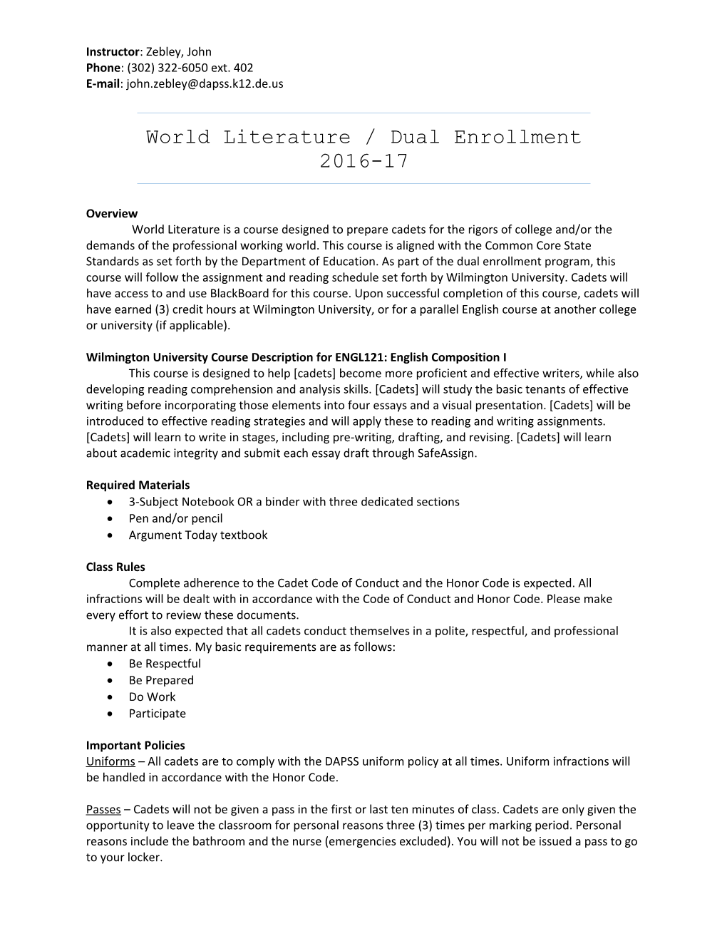 World Literature / Dual Enrollment 2016-17