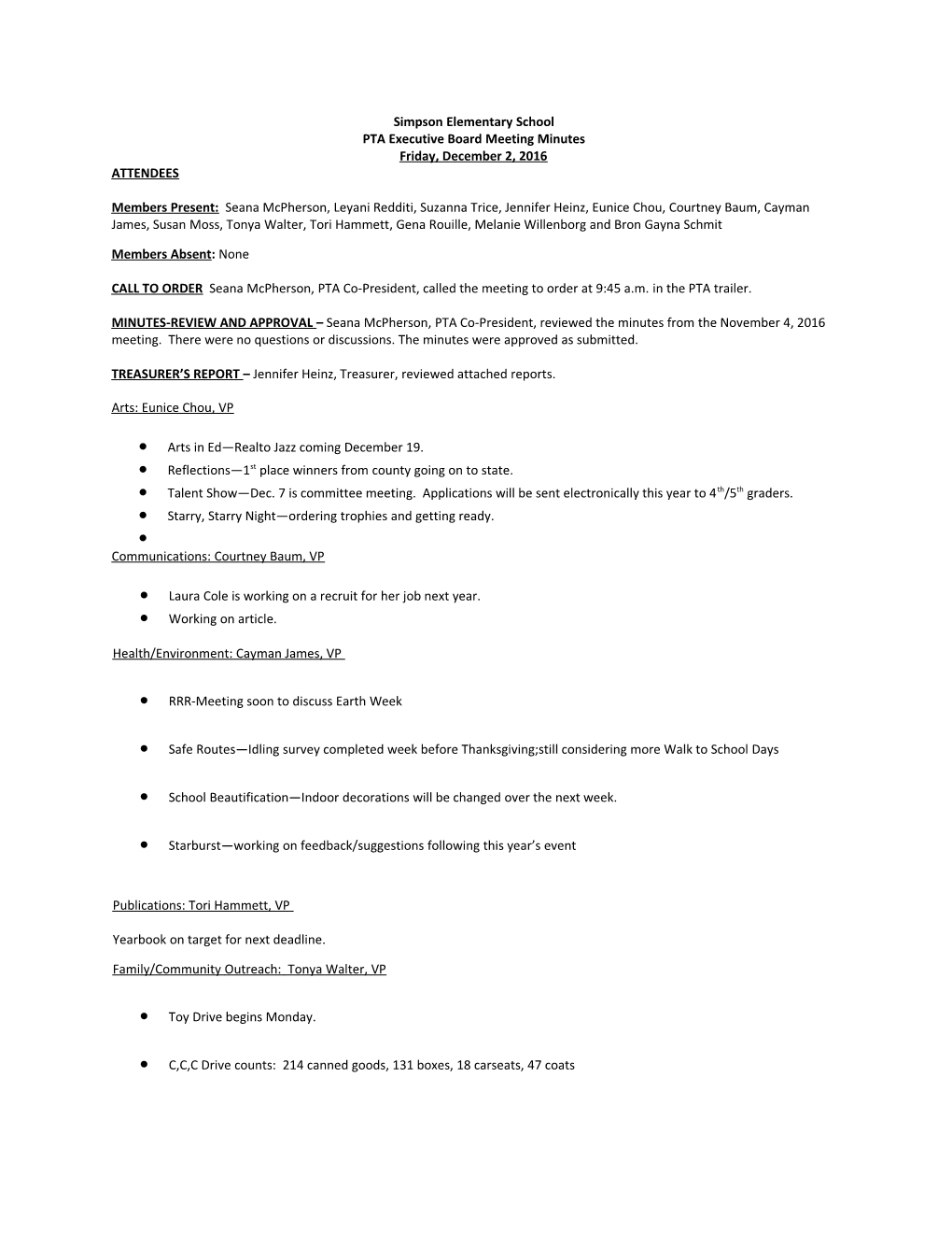 PTA Executive Board Meeting Minutes