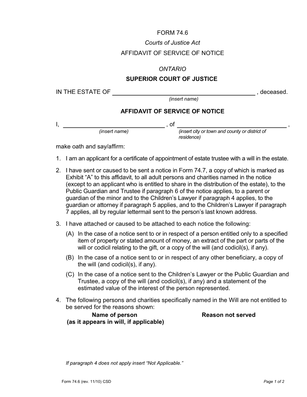 Form 74.6 (Rev. 11/10) CSD Page 1 of 1