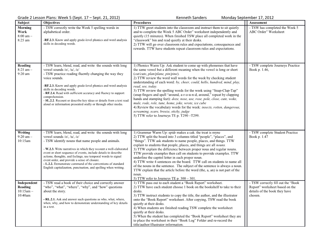 Grade 2 Lesson Plans: Week 5 (Sept. 17 Sept. 21, 2012)Kenneth Sandersmonday September 17, 2012