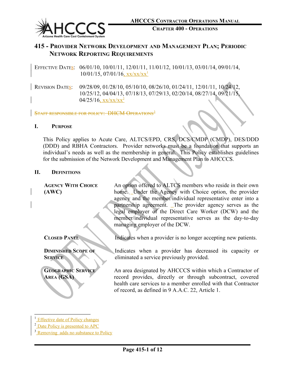 415 - Provider Network Development and Management Plan;Periodic Network Reporting Requirements