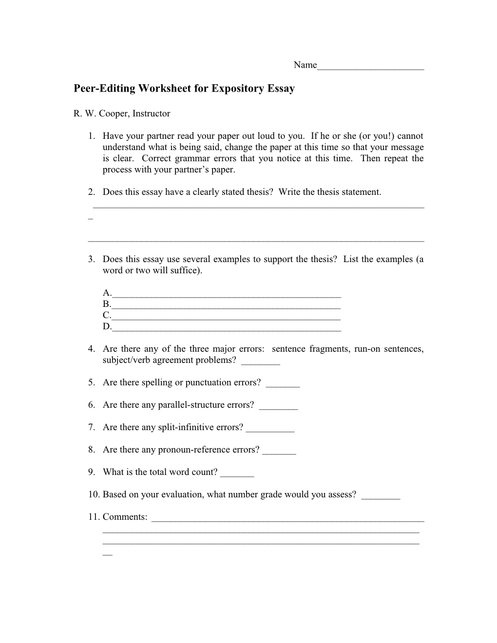 Peer-Editing Worksheet for Expository Essay