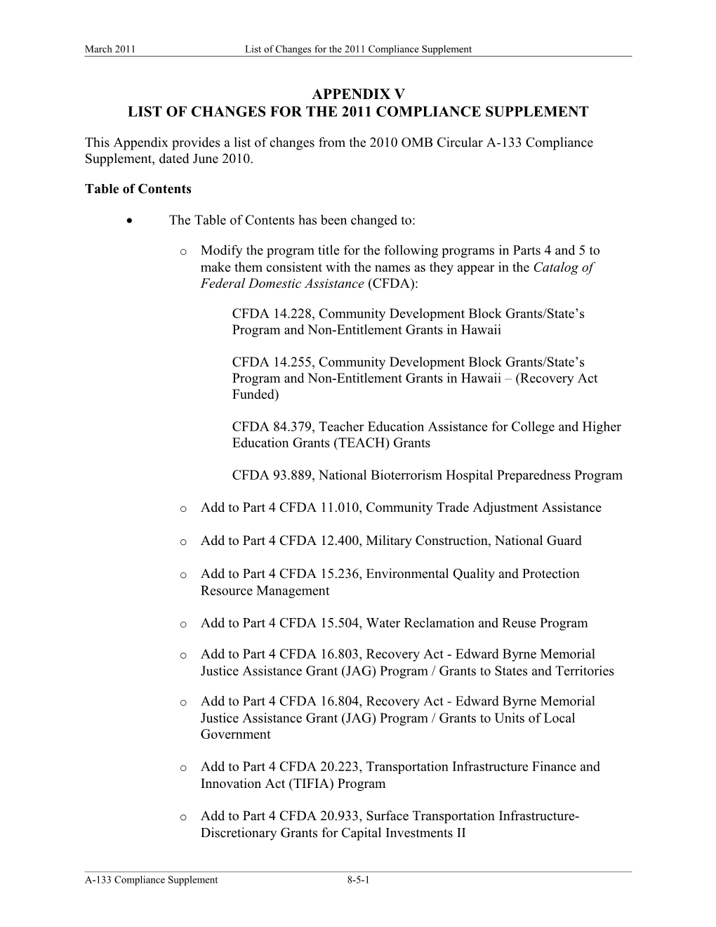 List of Changes for the 2011 Compliance Supplement