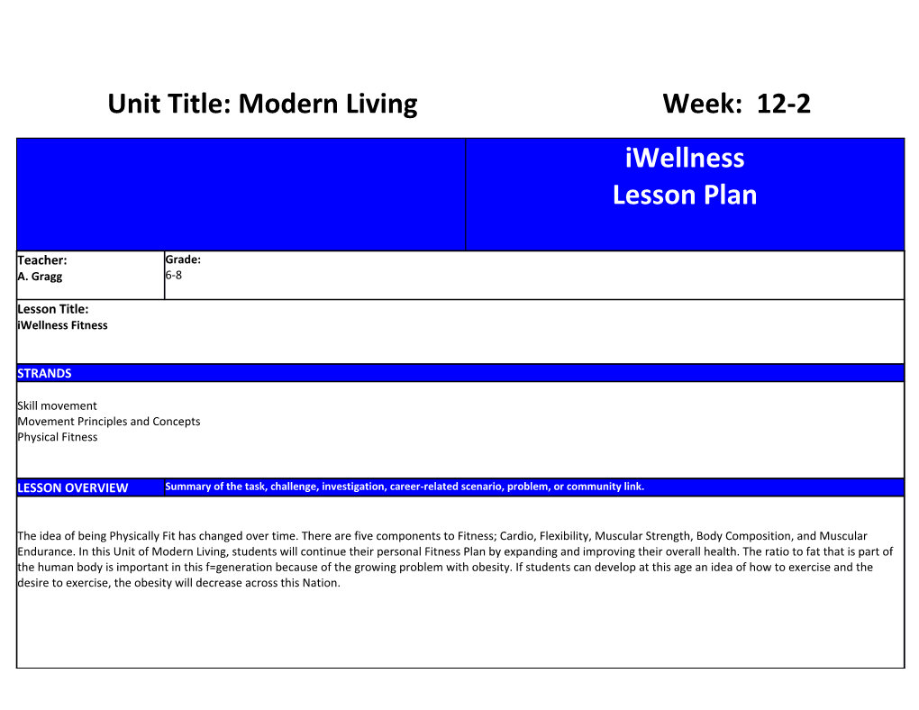 Unit Title:Modern Living Week: 12-2