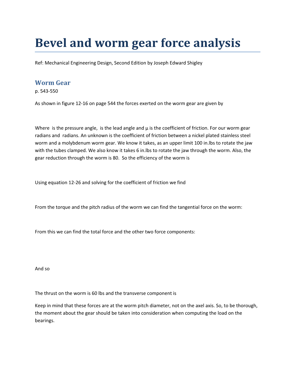 Bevel and Worm Gear Force Analysis