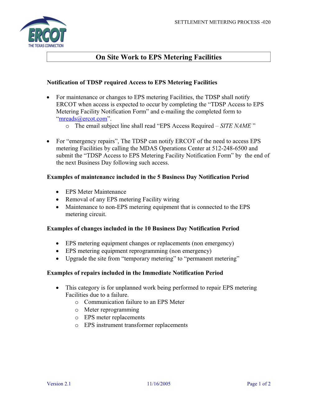 Process for Planned Changes to EPS Meter Facilities by TDSP and ERCOT That Affect the Approved