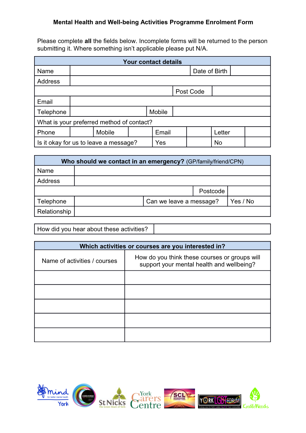 Mental Health and Well-Being Activities Programme Enrolment Form