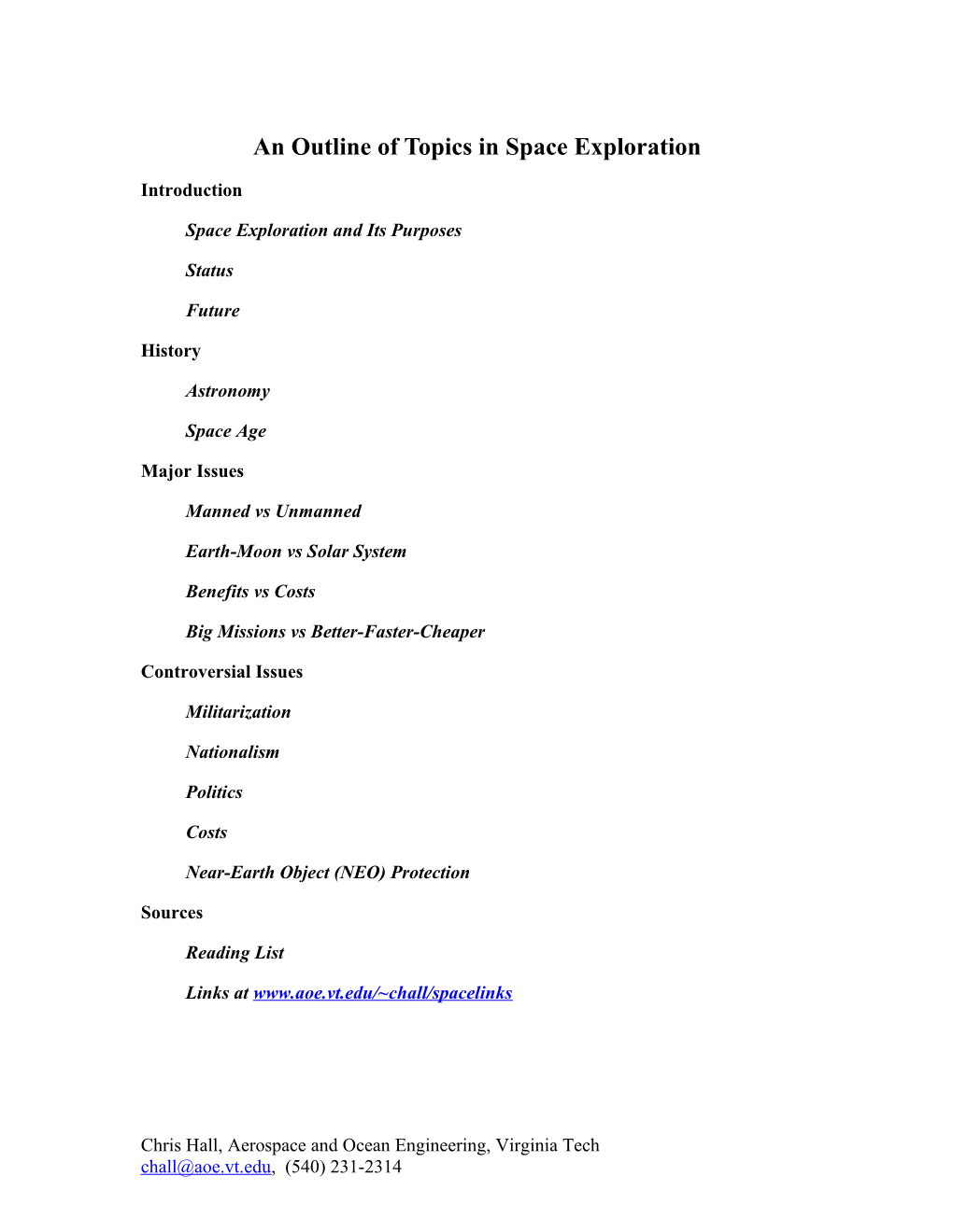 An Outline of Topics in Space Exploration