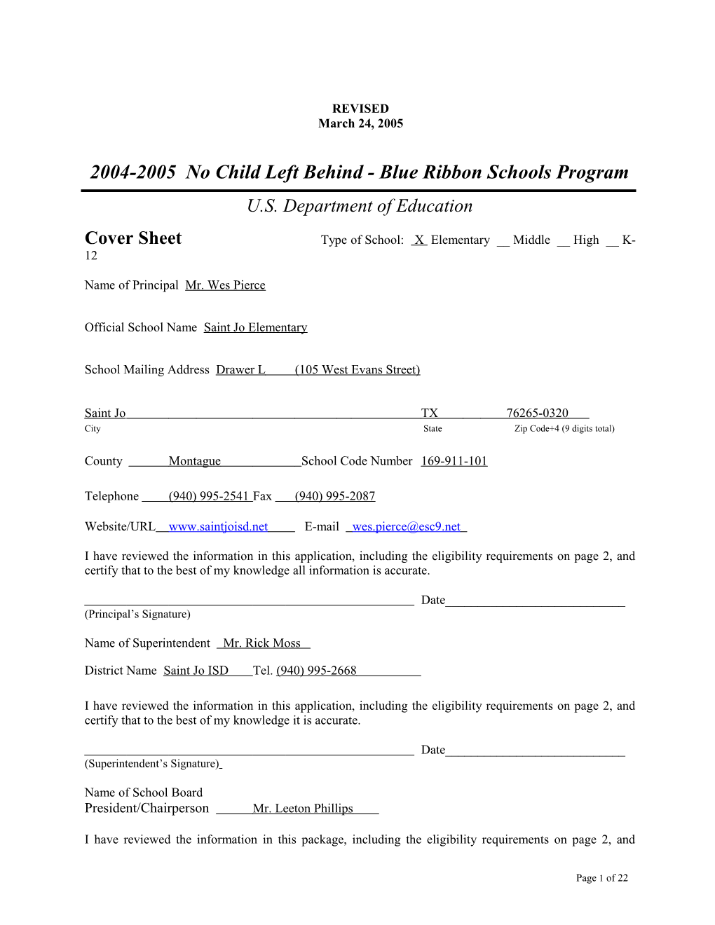 Saint Jo Elementary School Application: 2004-2005, No Child Left Behind - Blue Ribbon Schools