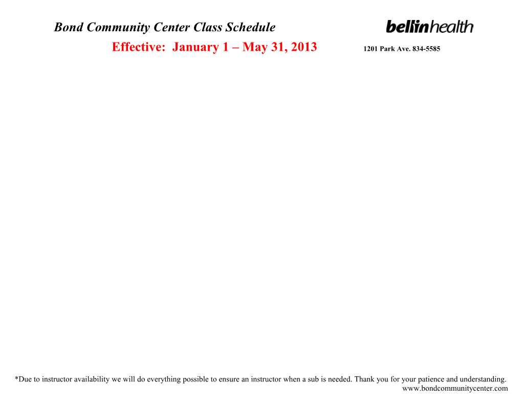 Bond Community Center Class Schedule