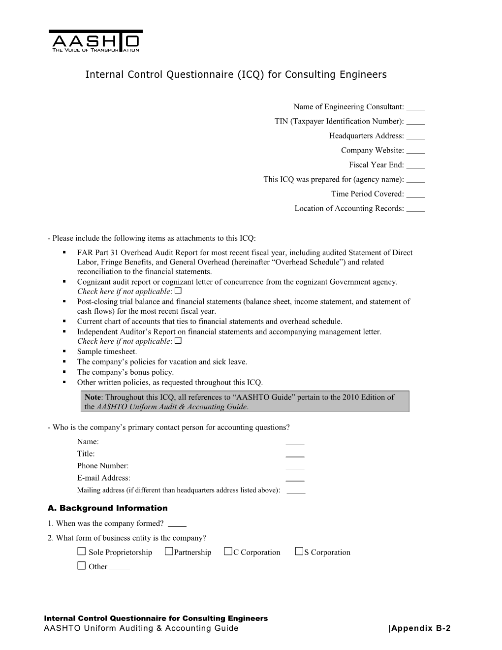 Internal Control Questionnaire (ICQ) for Consulting Engineers