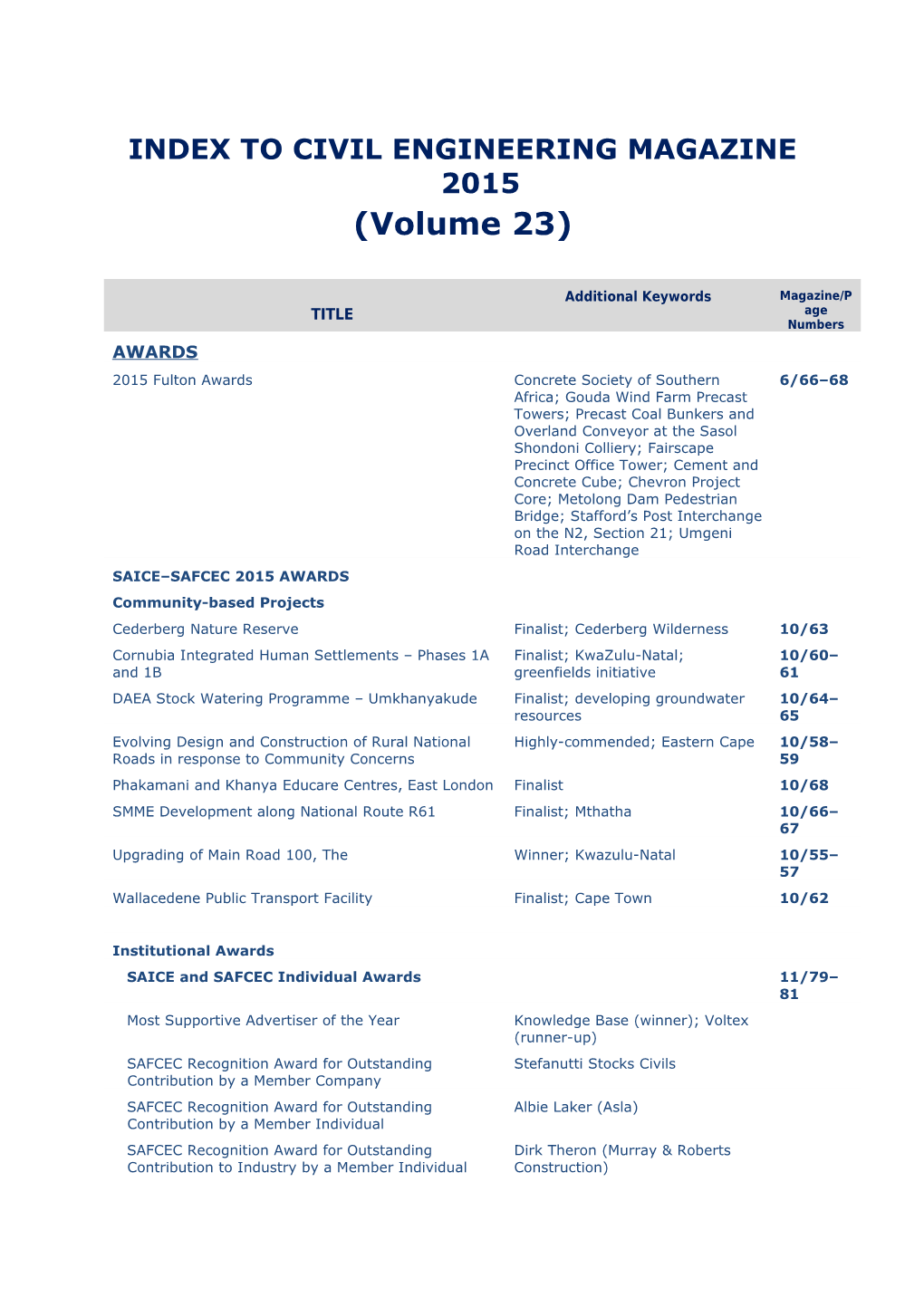 Index to Civil Engineering Magazine 2015