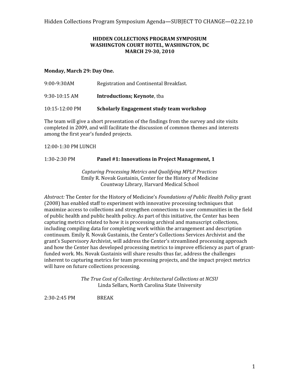 Hidden Collections Program Symposium Agenda SUBJECT to CHANGE 02.22.10